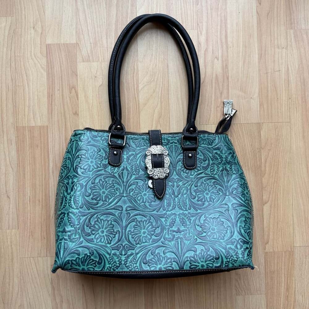 Trinity Ranch Tooled Leather Floral Turquoise Western Cowgirl Handbag Purse